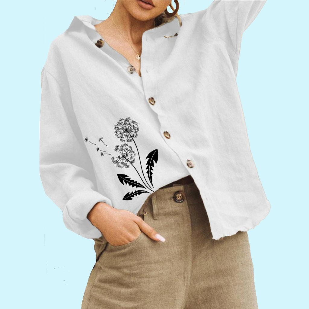 Women Fashion Buttoned Linen Shirt Floral Print Blouse Ladies Casual Long Sleeve Blouse