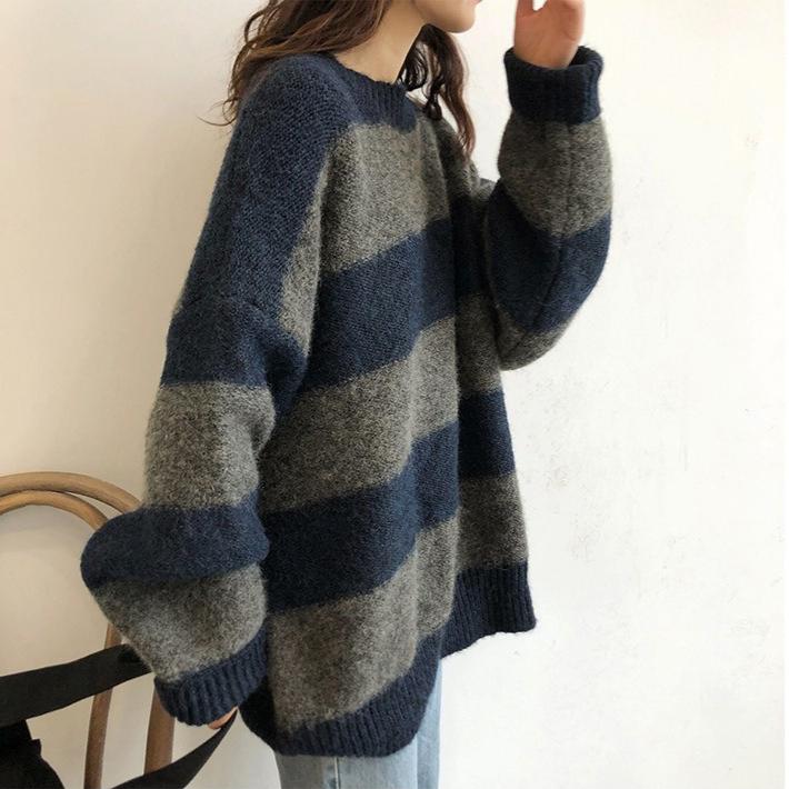 Color-blocking Striped Knitted Sweater for Women Loose and Casual Sweater Long-sleeved Trendy Pullover for Women Autumn and Winter