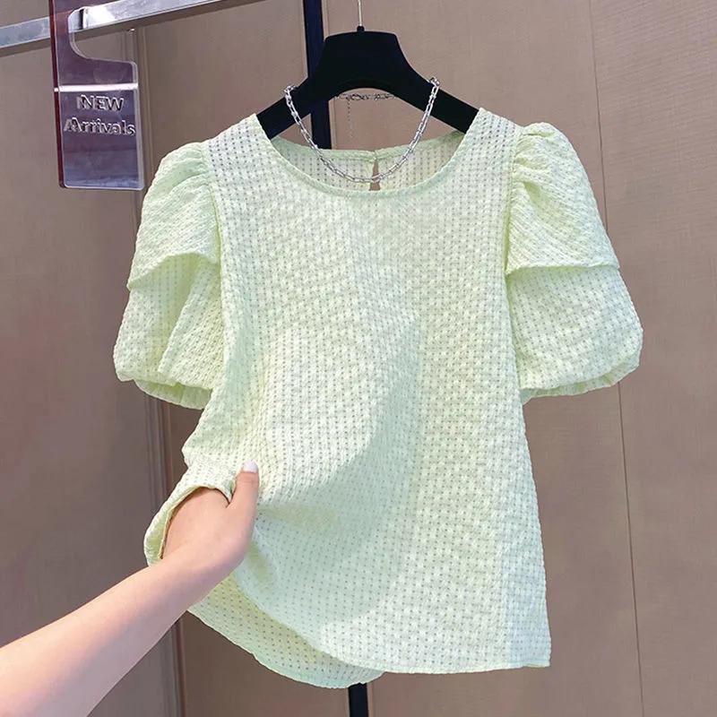 Women's White Eyelet Puff Sleeve Blouse Round Neck Casual Loose Top