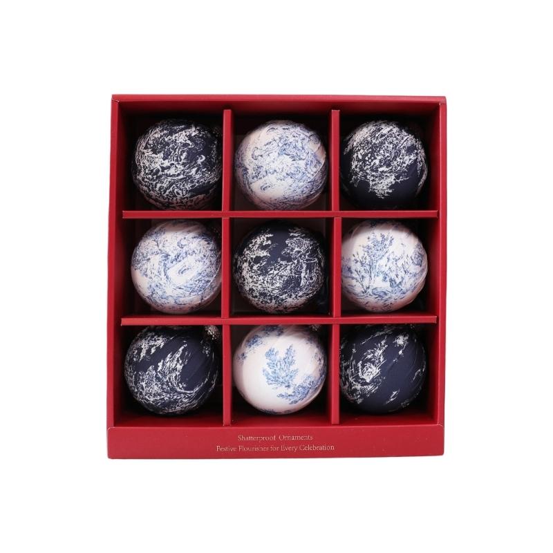 Holiday Tree Trim Set with 9 Fabric Covered Baubles, Patterned Hanging Accents for Wreath, Shelf and Window Styling