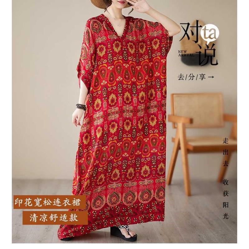 Summer V-neck Large Size Loose Literary Vacation Style Beach Dresses