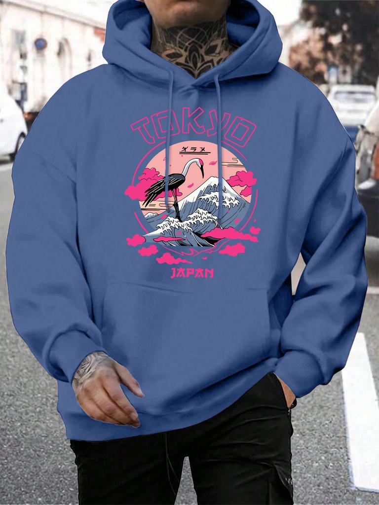 Tokyo Japan Crane Waves Printing Hoodies Men All-Match Casual Hoody Pocket Fleece Streetwear Loose Hip Hop Male Pullover