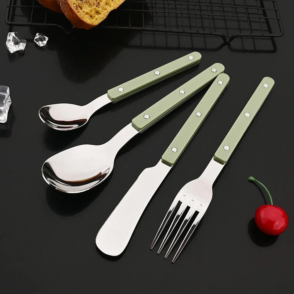 4Pcs Black Silver Acrylic Handle Dinnerware Knife Fork Spoon Set Stainless Steels Cutlery Set Western Home Kitchen Flatware
