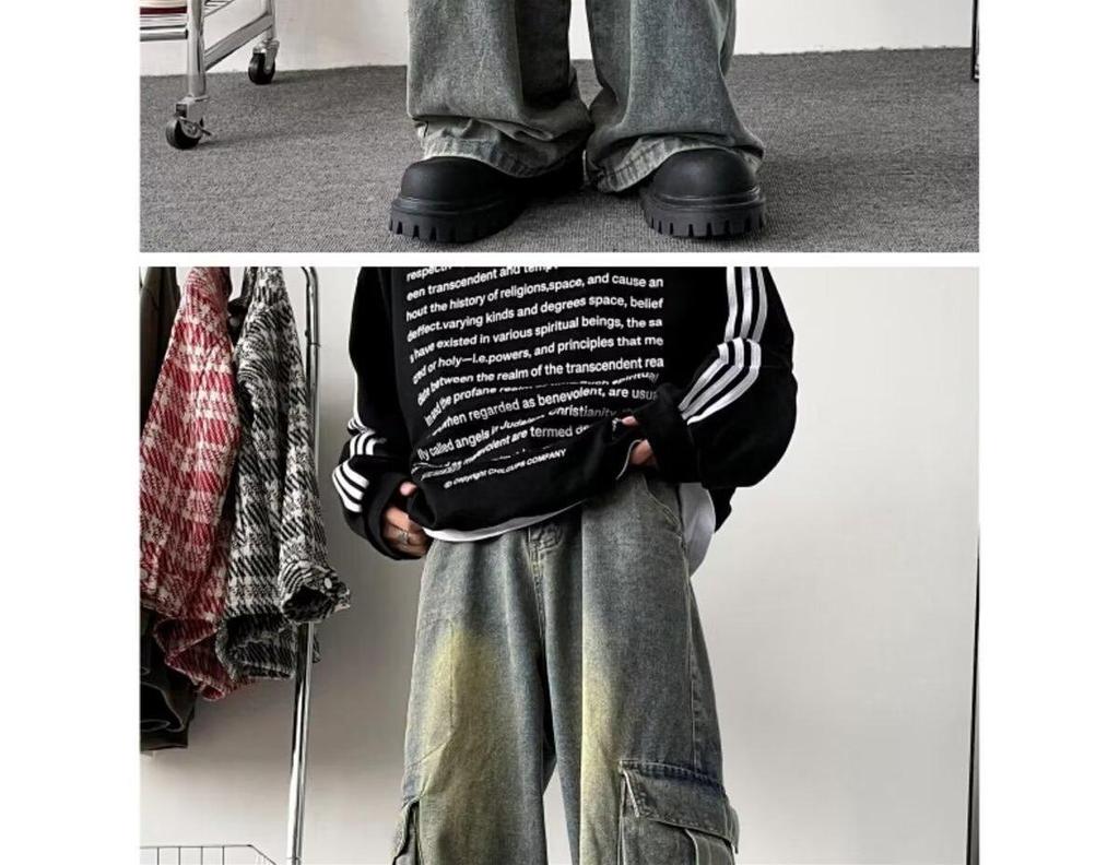 Men's Summer Trendy Wide-Leg Cargo Jeans with Large Pockets - Washed Retro Floor-Length Pants