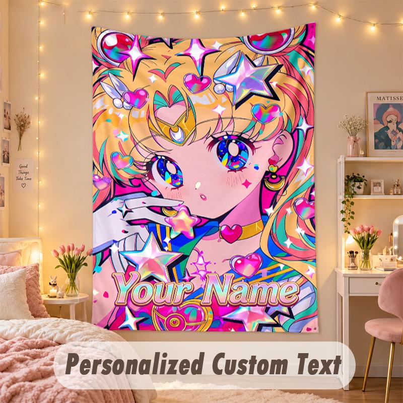 Custom Personalized Tapestry,Sailor Moon Print Custom Name Text Wall Art Hanging for Bedroom