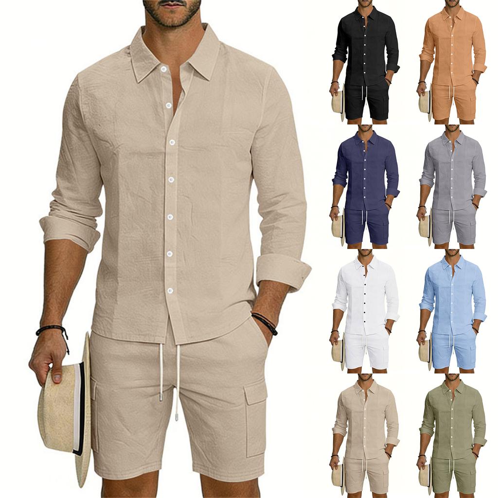Men's Casual Long-sleeved Tooling Shirt Shorts Set