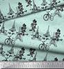 Soimoi Green Japan Crepe Satin Fabric Bicycle & Eiffel Tower Architectural Fabric Prints By Metre 42 Inch