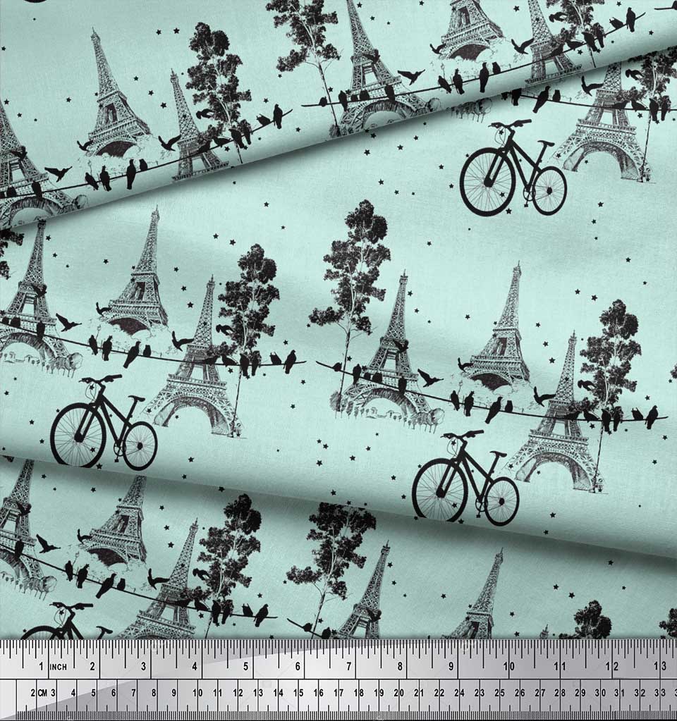 Soimoi Green Japan Crepe Satin Fabric Bicycle & Eiffel Tower Architectural Fabric Prints By Metre 42 Inch