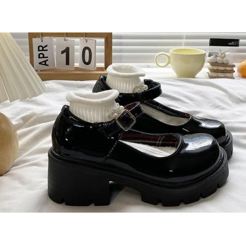 Women s Spring/Summer Height-Boosting Chunky-Heeled Mary Jane Flats Student Retro British Style PU Leather Shoes 35