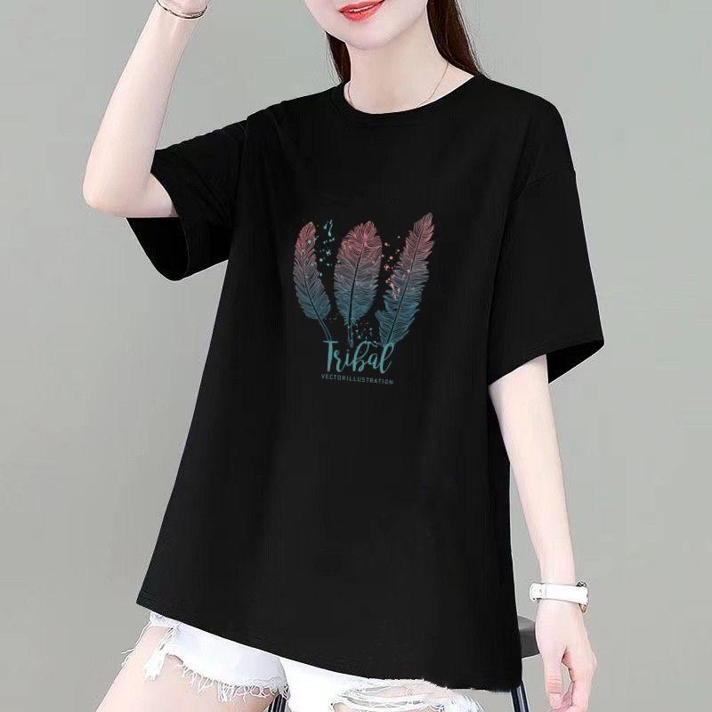 Cotton Casual Feather Pattern T-shirt Women Summer New O-collar Short Sleeve Slim Mid Length Version Loose Lady All-match Top