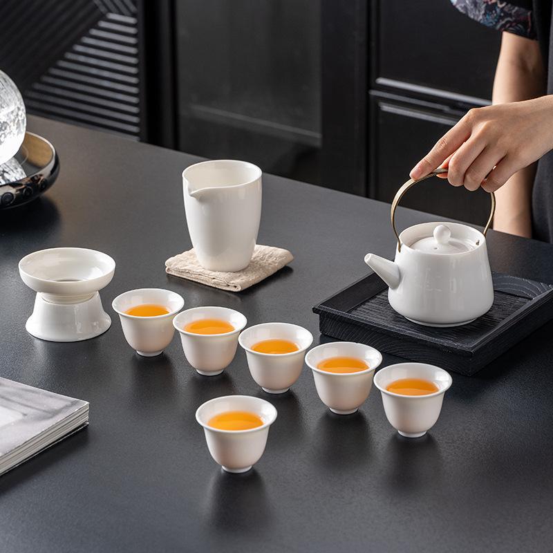 Light Luxury Suet Jade White Porcelain Kung Fu Tea Set Complete Set of Office High-end Business Gifts Gift Box
