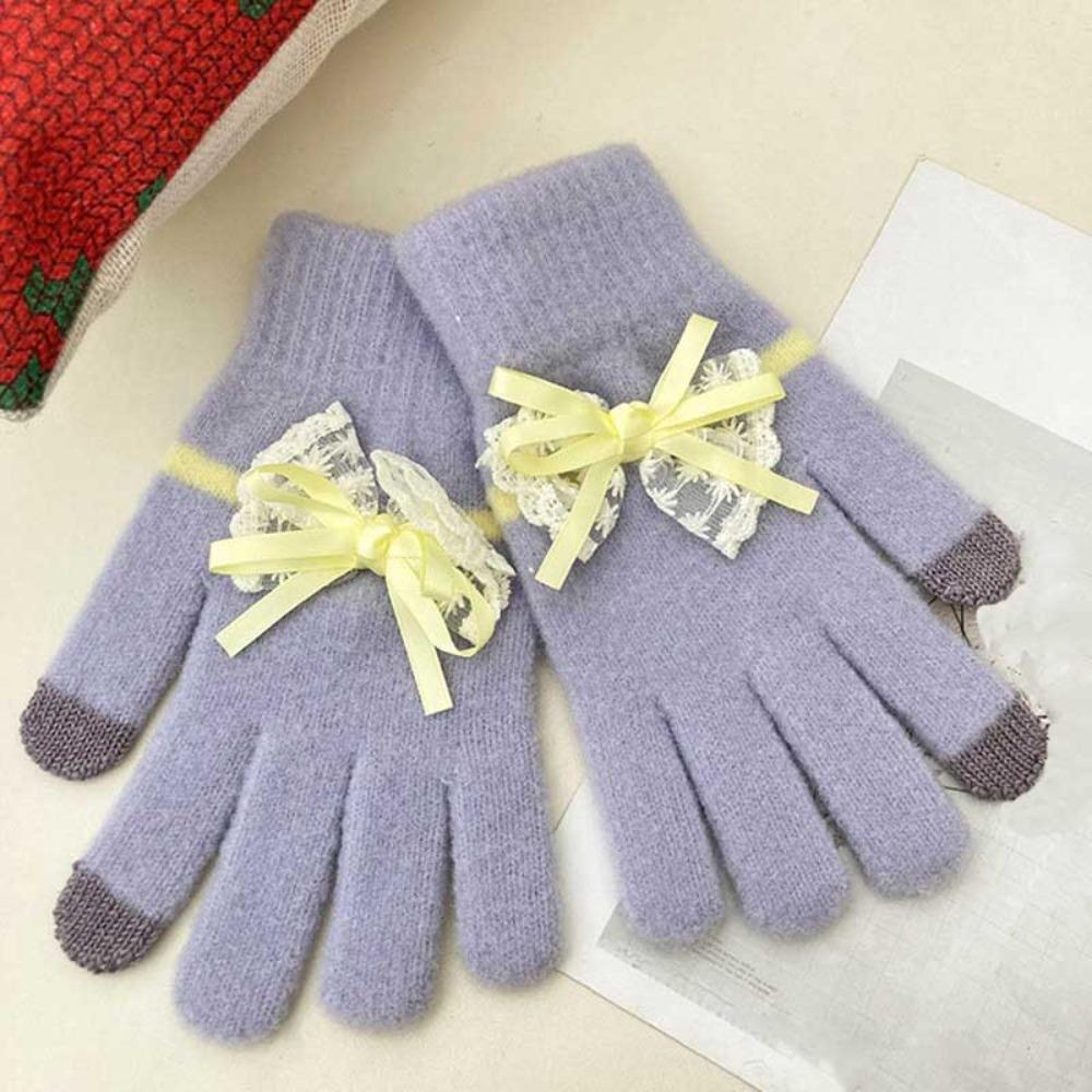 Cute Bowknot Gloves Thickened Comfortable Cotton Mittens Warm Touchscreen Full Finger Gloves Winter