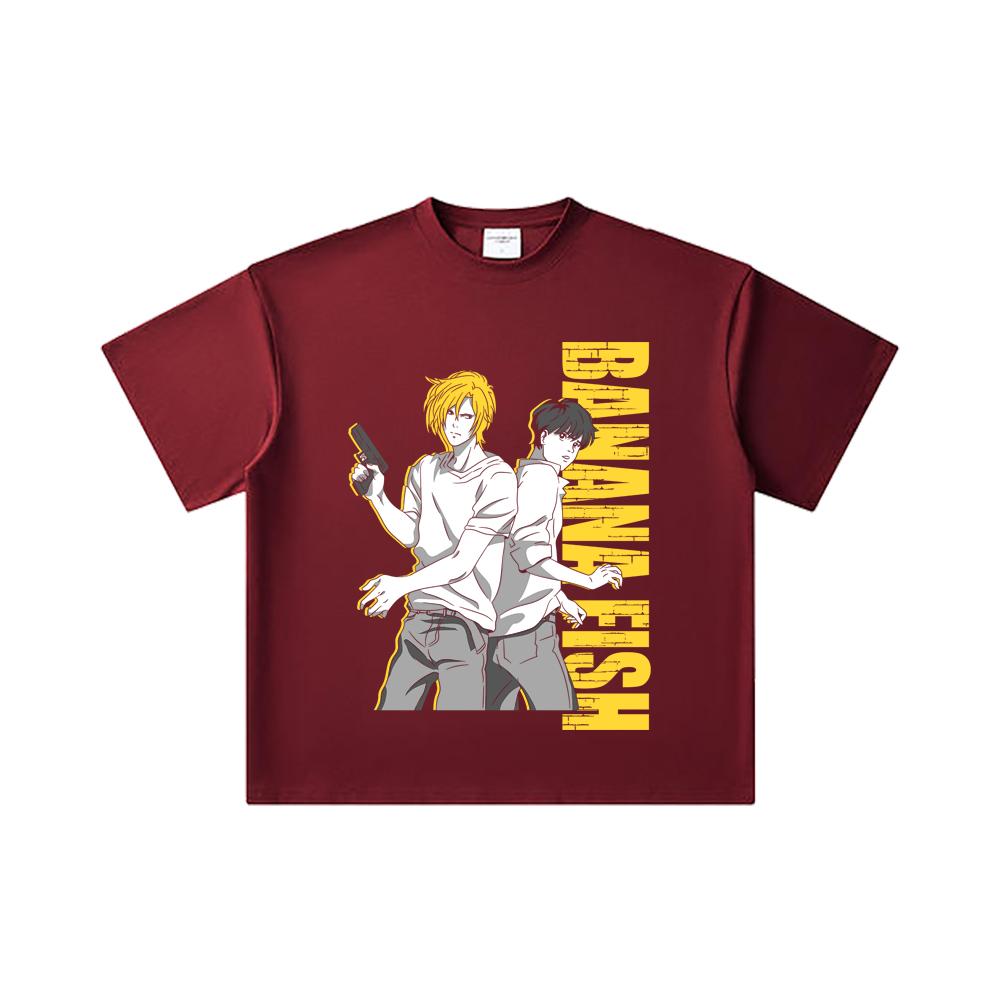 

260 GSM Double Yarn 32 Count 100% Cotton Banana Fish V1 Print Unisex Heavy Cotton T Shirt 2XL вина червоного кольору