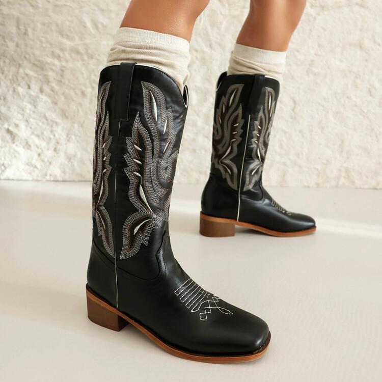 Western Cowboy Boots Men's Boots Winter Embroidery V-Mouth Knight Boots Square Head Medium Boots Women's