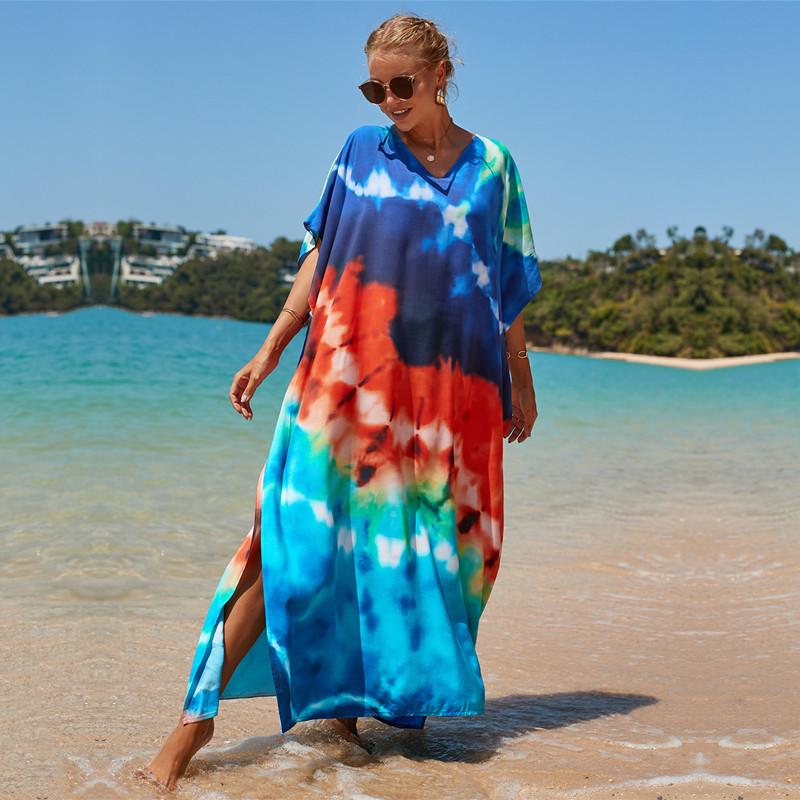 2022 Multicolored Kaftan Bohemian Printed V-neck Batwing Sleeve Street Wear Maxi Dress Women Beach Wear Swim Suit Cover Up Q1342