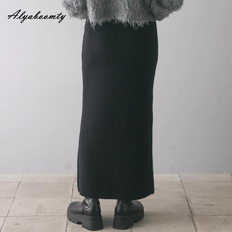 2025 Korean Style Spring Autumn Women Midi Skirt High Waist Black Gray Knitting Skirt Feminine Buttons Split Knitted Skirts Womens