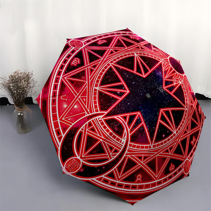 Enchanted Red Star Mandala Sticker: Mystical Design Umbrella, Portable 3-Fold Umbrella for Men & Women,Christmas Gift ES300