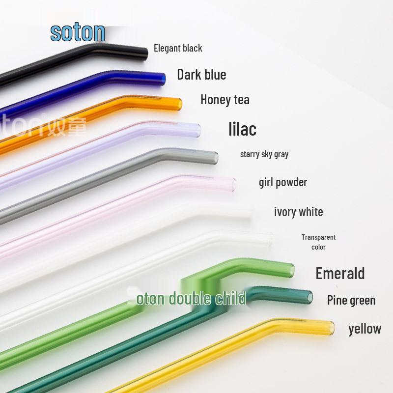 Bent Tip Colored Glass Straws - Double Child Pack, Creative Crystal Design, Heat Resistant for Milk Tea and Drinks