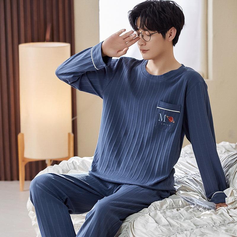 Cotton Nightwear for Men 2 Pieces Set Pajamas Spring Long Sleeves Sleeping Tops Trousers Sleepwear