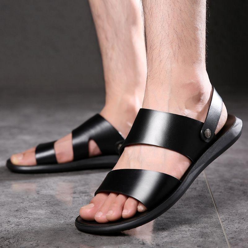 Men Black Leather Sandals Summer Brown Outdoor Hiking Sandals Wide Head Beach Shoes for Father Over Sized