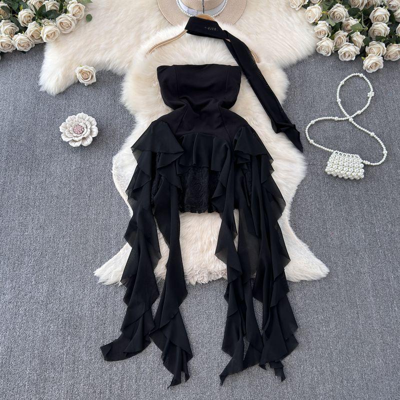 

Pure Desire Sexy Wind Stylish Tube Top Dress Female Summer Ruffles Tassels Slim-Fit Slim Looking Irregular Skirt Black M