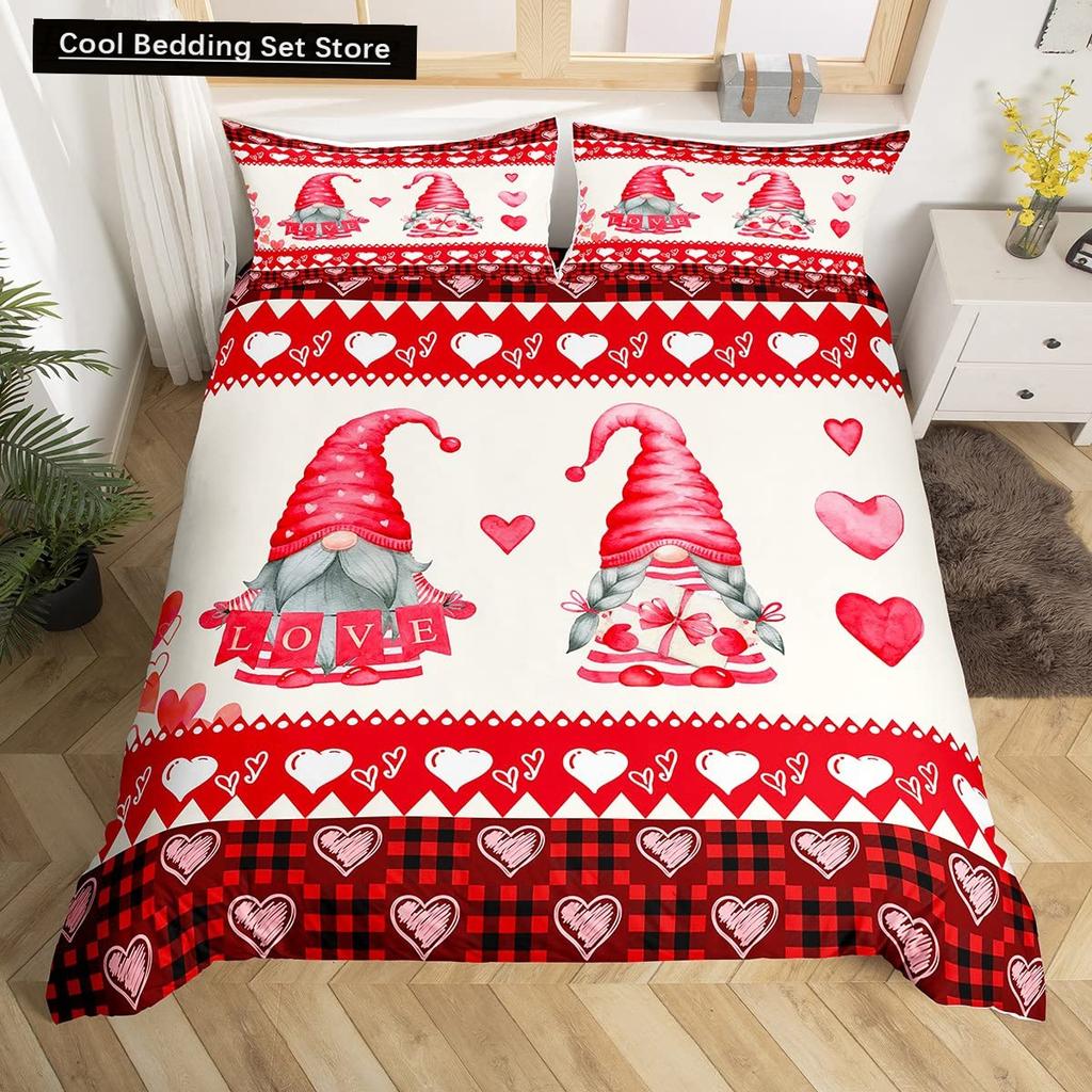 Valentinstag King Bettbezug Romantisches Bettwäsche-Set Kawaii Paar Wichtel Bettdeckenbezug Rosa Rosen Herzen Polyester Steppdeckenbezug