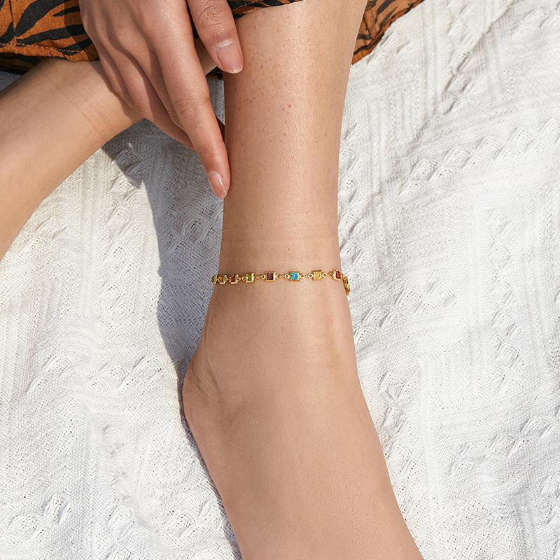 Gold Plated Stainless Steel Multi-Color Square CZ Anklet