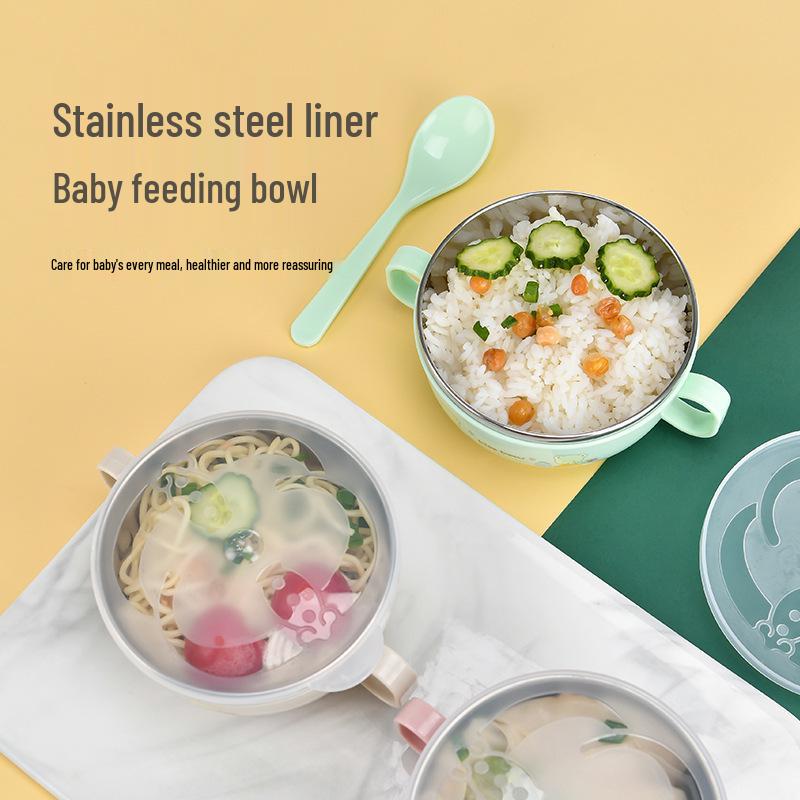 Stainless Steel Insulated Baby Bowl with Lid and Spoon - Double Handle Cartoon Design