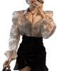 Women’s Retro Floral Puff Sleeve Polo Blouse