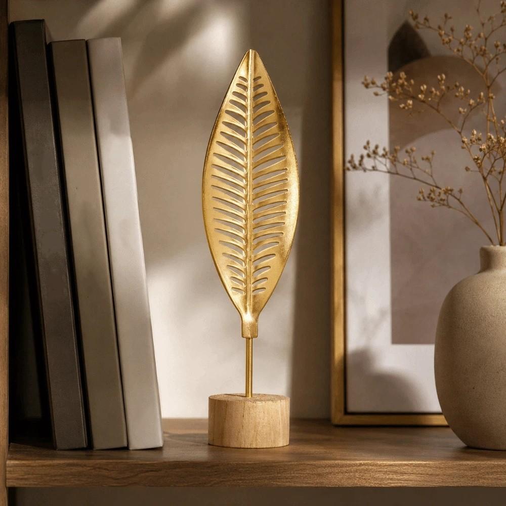 Wood Base Miniature Figurines Metal Art Ginkgo Leaf Ornament Desktop Ornaments  Home Decoration