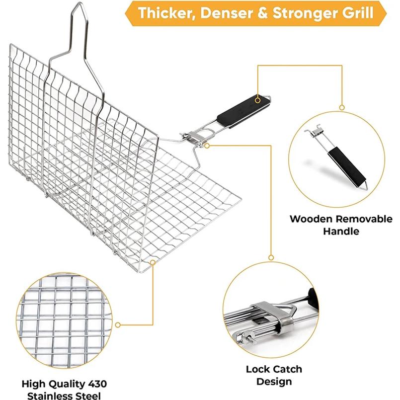 Large Portable Folding Fish Grill Baskets for Outdoor Grill Vegetables Stainless Steel BBQ Grilling Basket With Handle YYA01
