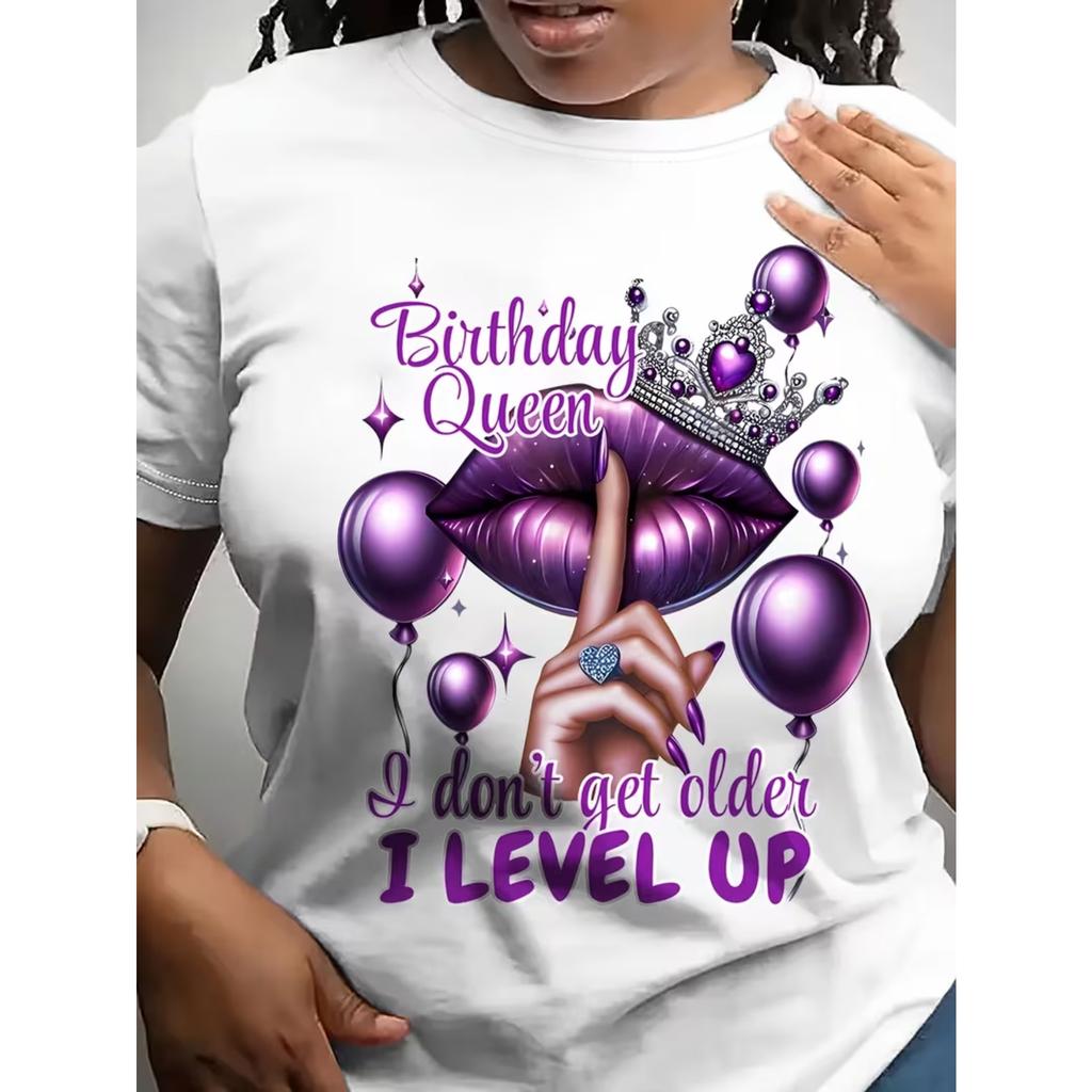 Women's Birthday Queen Letter Print Short Sleeve Round Neck T-Shirt - Casual Semi-Sheer Blouse Suitable for Parties & Casual