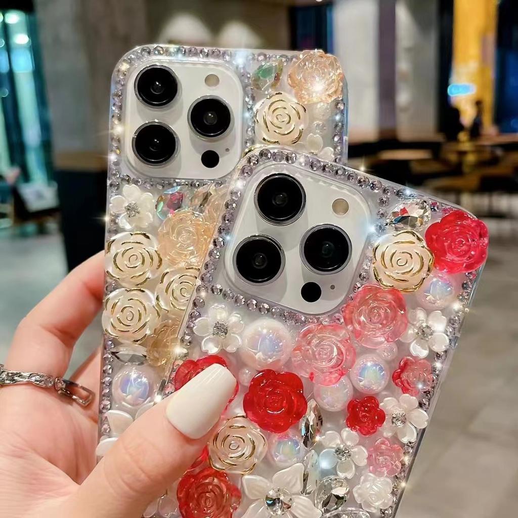 Pouzdro Fashion Bling Diamond Rose Flower Case pro Xiaomi Redmi Note 12 Pro Note11 Pro Note10pro K50 luxusní křišťálový kamínkový třpytivý DIY zadní kryt