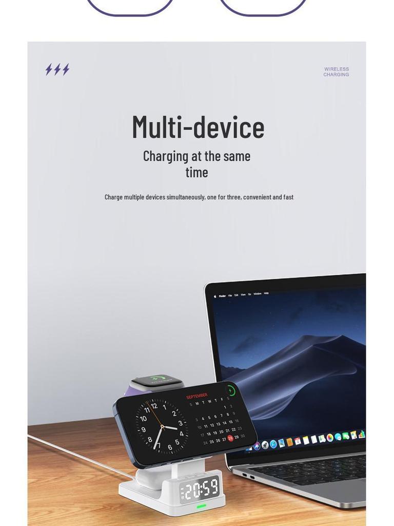 3-in-1 Wireless Charger: Alarm Clock, Magnetic Phone Stand, Fast Charging for Apple Watch & Earphones