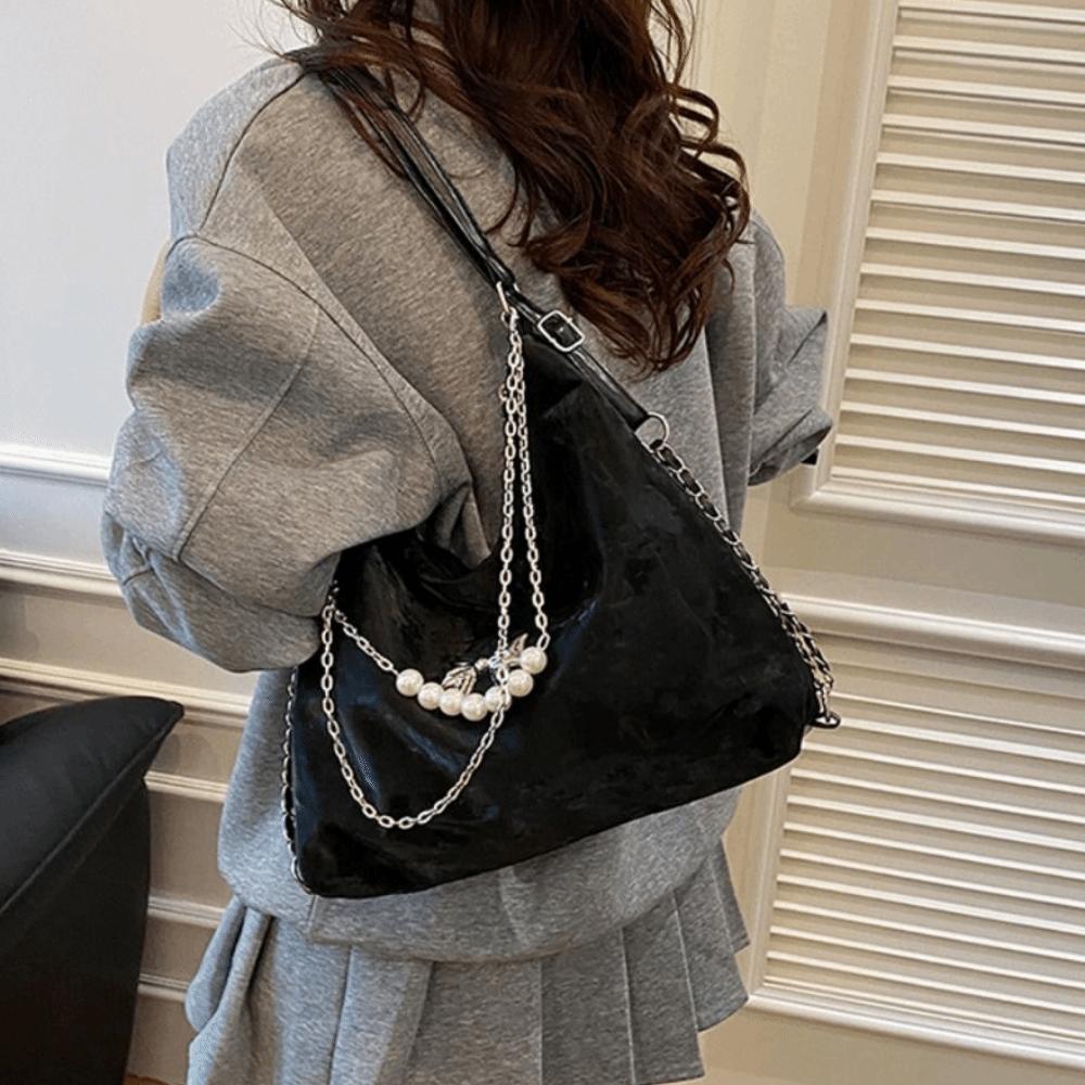 Retro Women's Shoulder Bag PU Leather Lightweight Student Tote Bag Large Capacity Butterfly Pearl Chain Convertible Backpack