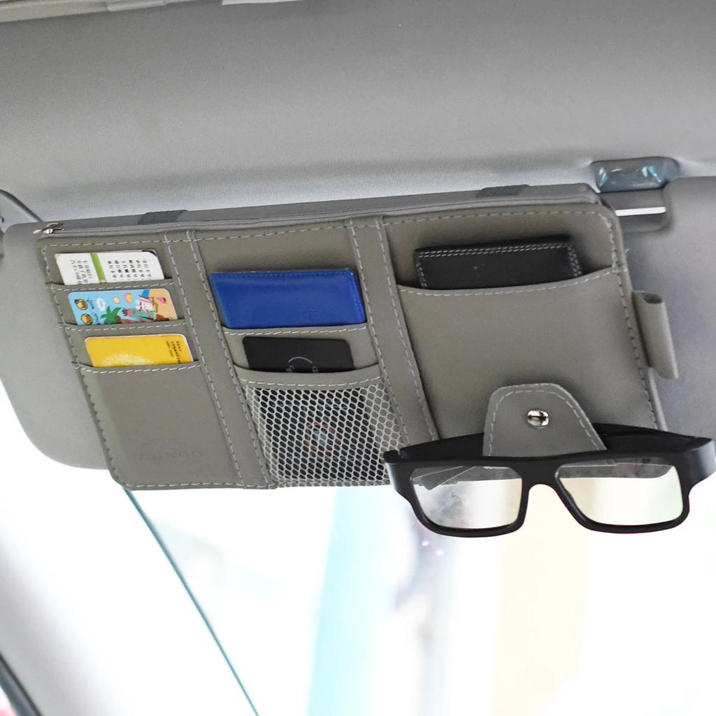 Leather Car Sun Visor Organizer Multi-Pocket Business Card Storage Management Sunglasses Holder Visor Accessories Auto Interior