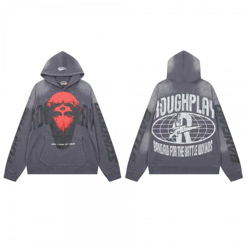Vintage Washed Hoodie With Rhinestone Embroidery Streetwear Hip Hop Oversized Zip-Up Sweatshirt Men
