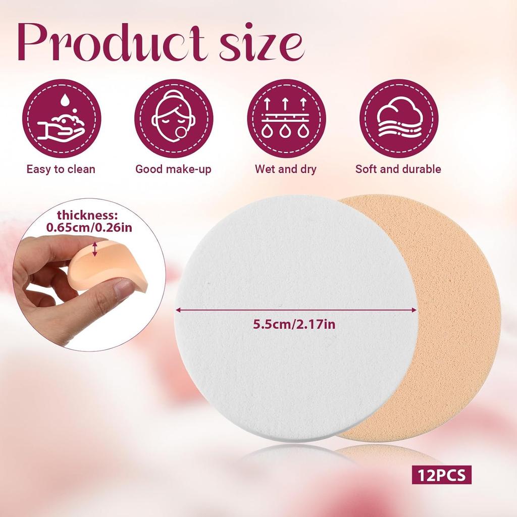 12PCS Round Makeup Sponges for Foundation, Facial Powder Puff Makeup Pads for Liquid Foundation Cream Powdes Concealer Blending Cosmetic Sponges for