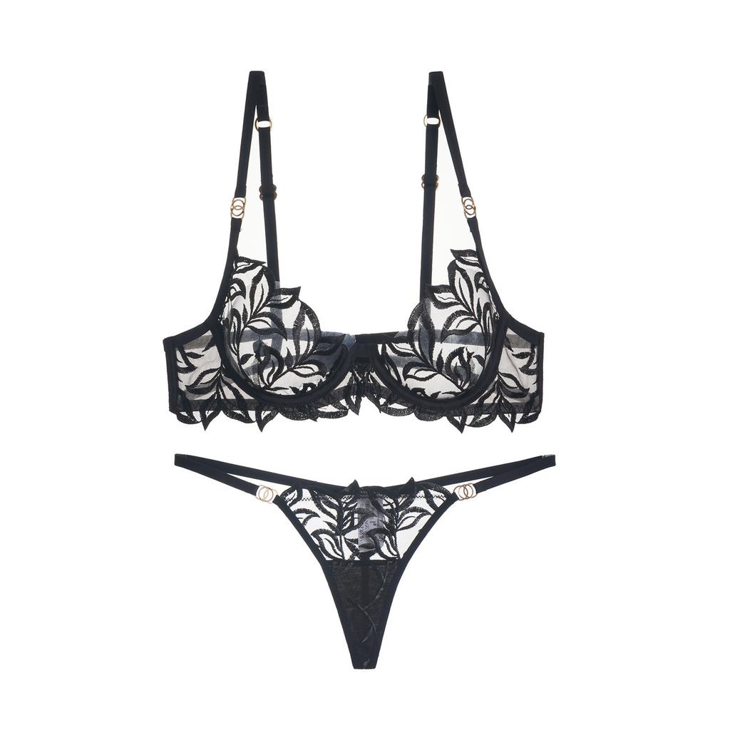 European and American sexy lingerie ultra-thin mesh see-through embroidery printing big chest small bra set
