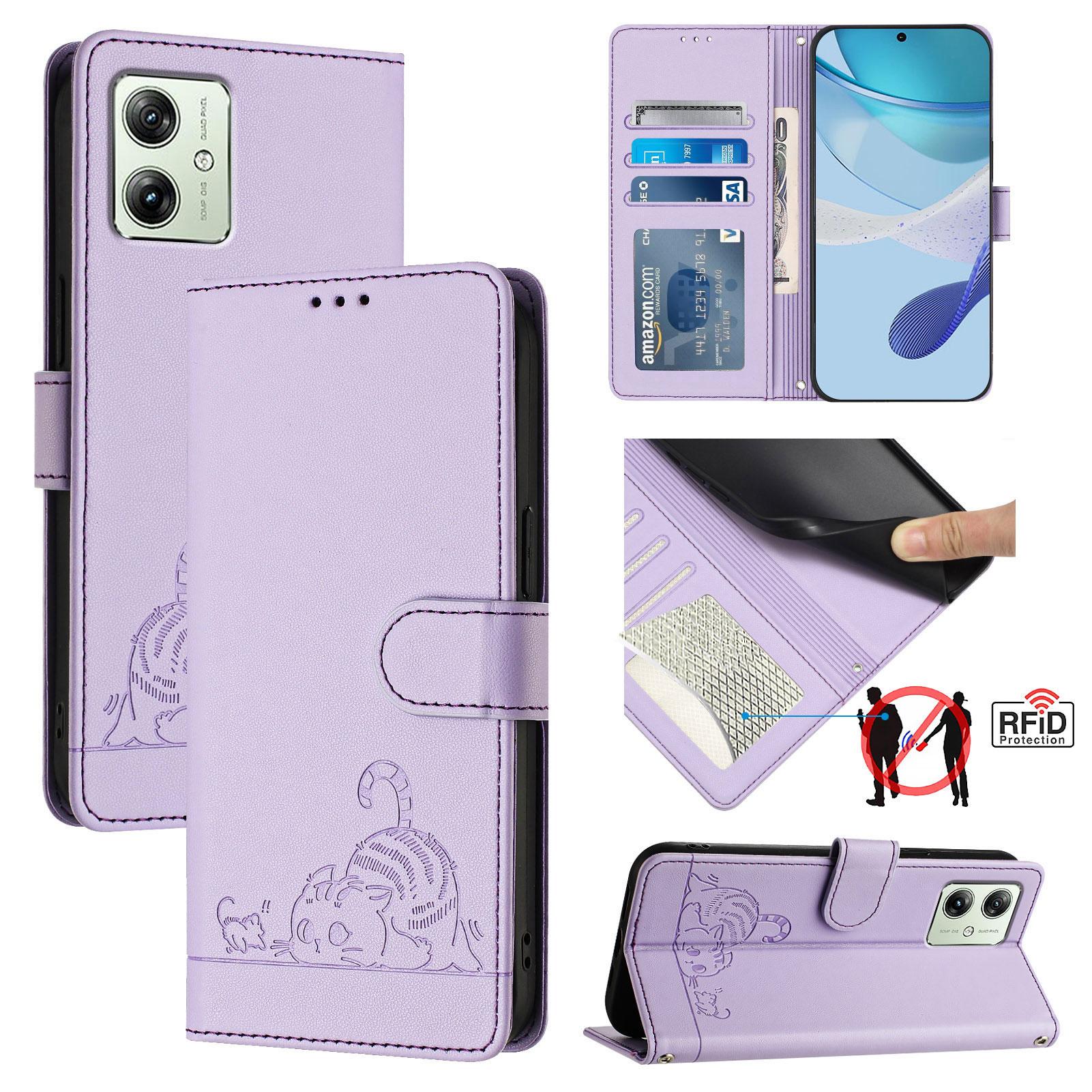 

For Motorola Moto G14 4G/G54 5G Case with Strap RFID Blocking Leather Wallet Phone Cover Cat Mouse Pattern Purple