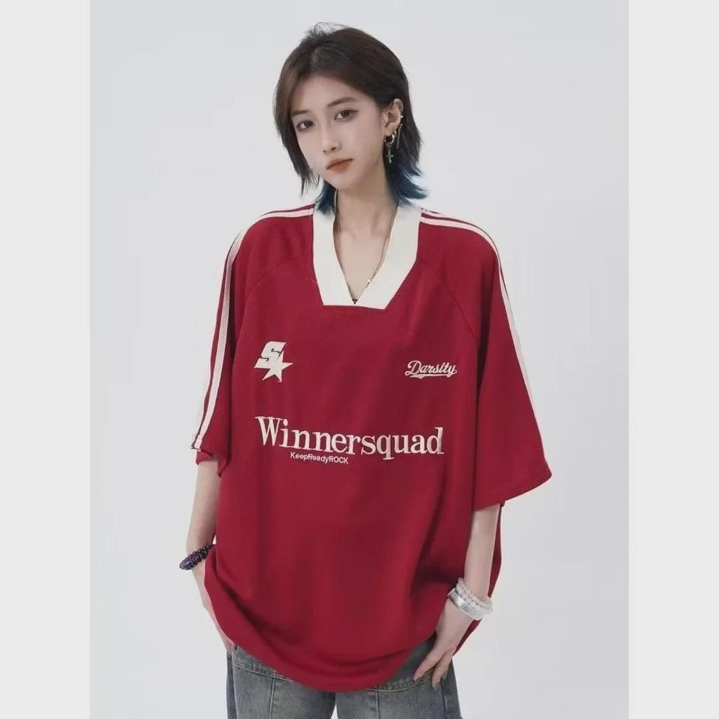 Unisex Retro V-Neck Embroidered Colorblock Half-Sleeve T-Shirt