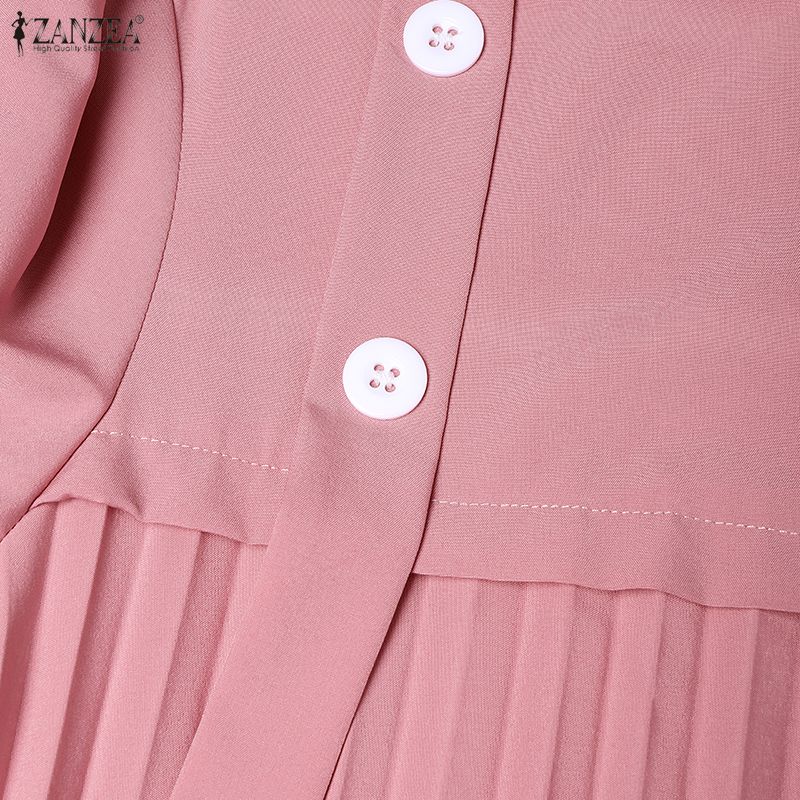 ZANZEA Women Muslim Casual Round Neck Loose Long Sleeve Pleated Long Dress