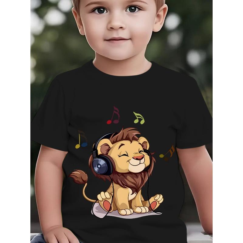 Boys Cute Lion Listening To Music Cartoon Print Crewneck Short Sleeve Tee, Fashion Summer Casual Outdoor Top