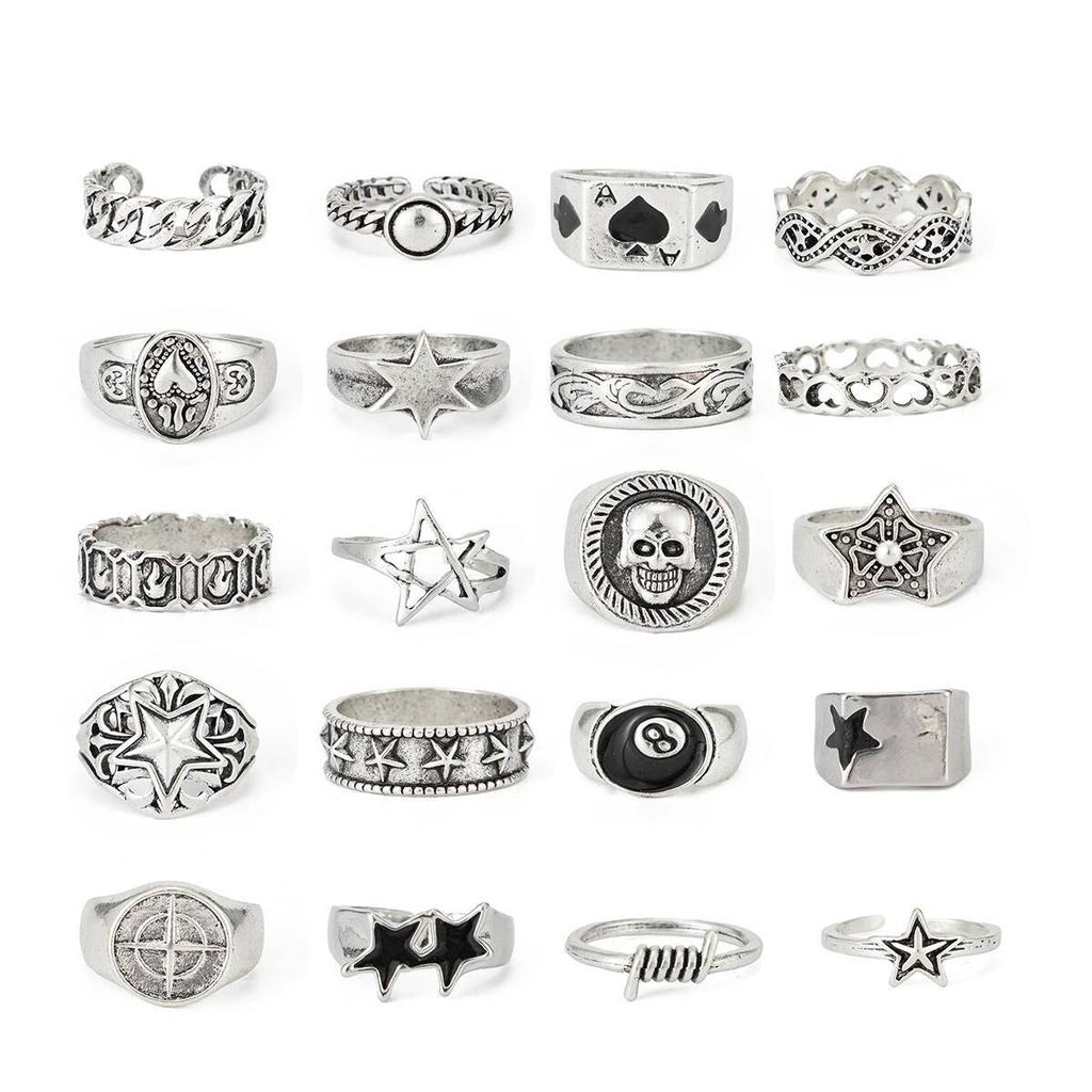 SHIXIN 20Pcs/Set Punk Geometric Stars Rings Men Hip Hop Stackable Silver Color Knuckle Rings Set Male Jewelry Accessories