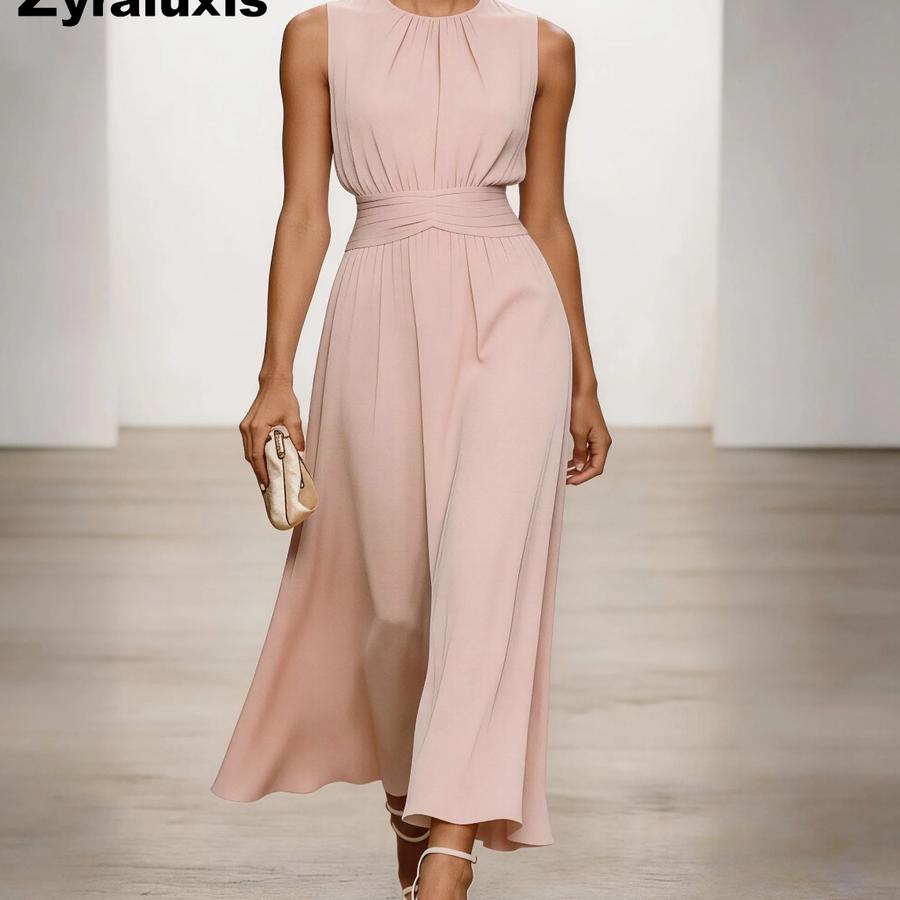 New Women's Sleeveless Round Neck Ruched Dress Elegant Simple Spring Summer Style