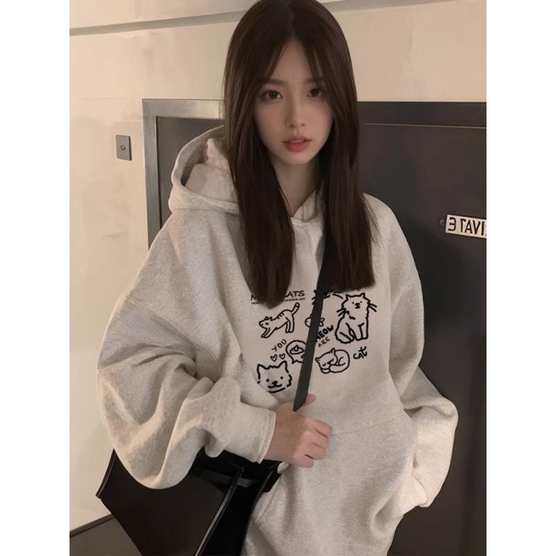Women's 2025 American Style Thickened Hoodie - Autumn/Winter Plus Velvet Heavyweight, Loose Fit, Lazy Style Outerwear