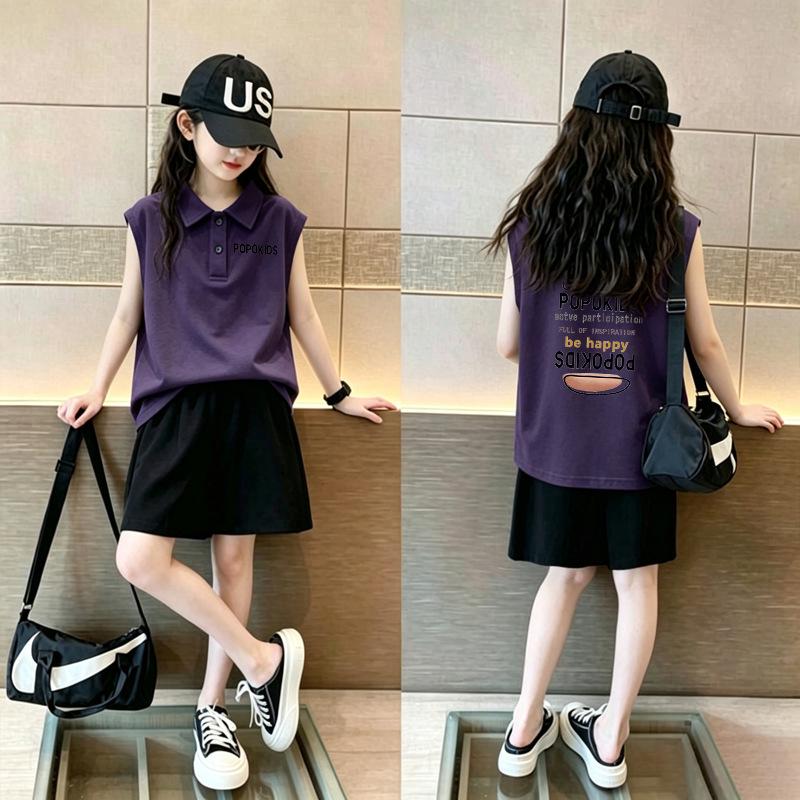 Girls' Korean Style Cotton Polo Collar Vest - Summer New Arrivals, Medium & Large Sizes, Casual Sleeveless Lapel T-shirt