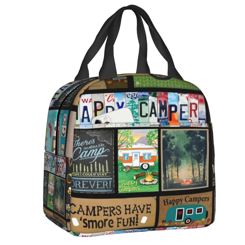 Colourful Vintage Caravans And Flowers Pattern Thermal Insulated Lunch Bags Women Happy Campers Portable Lunch Tote Food Box