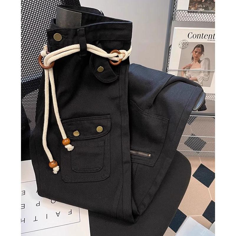 

Винтажные свободные черные брюки карго женские с высокой посадкой уличная одежда с карманами женские прямые брюки XL чёрный