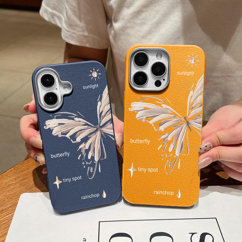 Simple Butterfly Print Shockproof Soft TPU Case For iPhone 16 Pro Max 15 Pro 14 13 12 11 Lens Protection Matte Leather Texture Slim Phone Cover